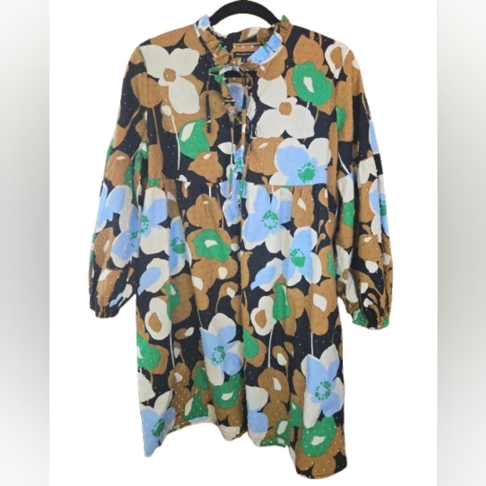 Who What‎ Wear Long Sleeve Boho Cotton Textured Dress with Floral Print - Medium